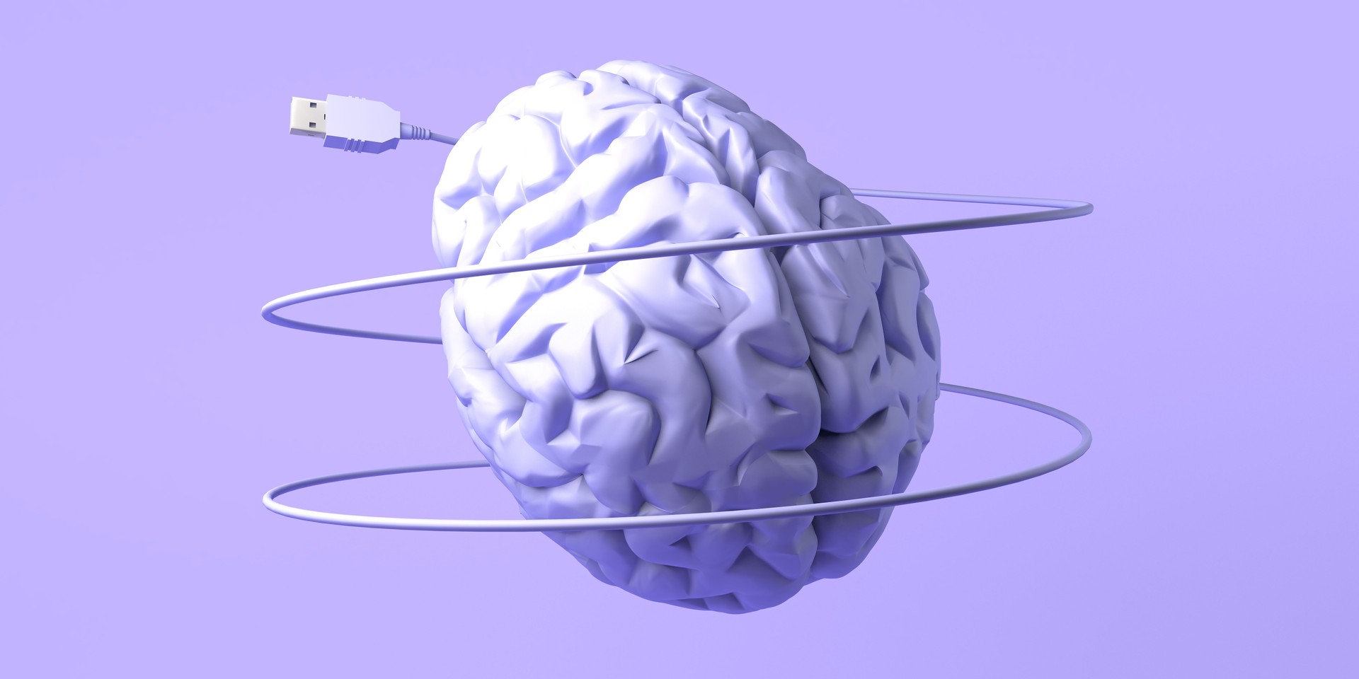 Artificial intelligence concept with brain connected to USB cable. 3D illustration. Copy space.
